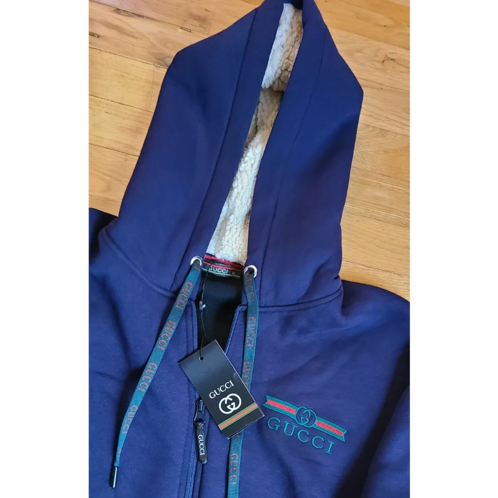 🆕️Gucci Sherpa Hood Cotton Full Zip Interlocking G Embroidered Hoodie Jacket XL